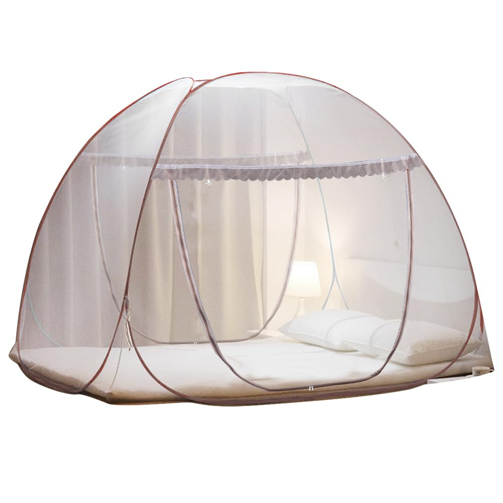 Portable Pop-Up Brown Mosquito Net Tent for Bed, L79 x W71 x H59 inch Large Folding Mosquito Netting with Net Bottom, 2 Entries, Suit for Twin to King Size Bed