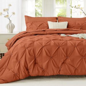 Comforter Set, 7-Piece Bed in a Bag, Pintuck Bedding Sets for All Season, Includes Comforter, Flat Sheet, Fitted Sheet, Pillowcases and Pillowshams, Burnt Orange