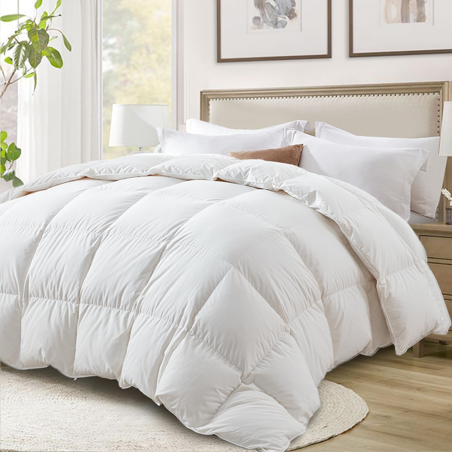 Ultra-Soft Down Feather Comforter King Size,Luxurious Hotel Collection Fluffy Duvet Insert for All Season,Noiseless Shell,700 Filling Power,Medium Weight with Corner Tabs, White