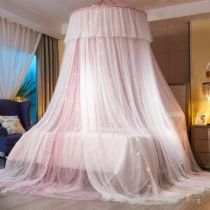 Bed Canopy Princess for Girls,Bed Canopy Curtain Double Layer Sheer Mesh Dome Bed Curtain- Round Lace Princess Mosquito Net Tent for Twin Full Queen King Bed(Pink/White)