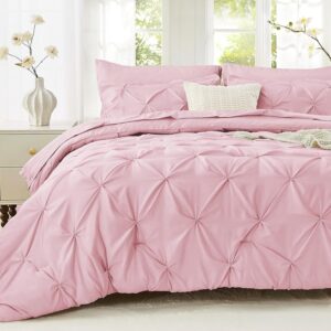 Comforter Set, 7-Piece Bed in a Bag, Pintuck Bedding Set for All Season, Includes Comforter, Flat Sheet, Fitted Sheet, Pillowcases and Pillowshams, Baby Pink