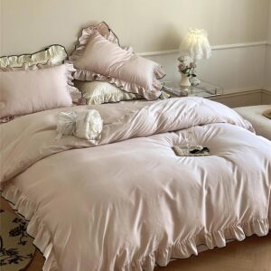 Silky Ruffle Comforter Set - 4 Pieces Farmhouse Boho Bedding With 100% Cotton Duvet Cover and 2 Pillow Shams (Rust Pink, Full Fitted Bed Sheet)
