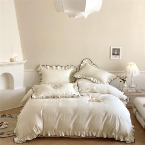 Ruffle Comforter Set, Silky Ruffle Bedding Set, 4 Pieces Farmhouse Boho Comforter Set Ruffled 100% Cotton Duvet Cover Set & 2 Ruffled Pillow Shams (Ivory White, Full Fitted Bed Sheet)
