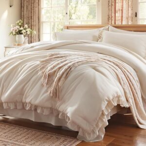 Full Comforter Set 7 Piece, Beige Bed in a Bag with Sheets, All Season Ruffle Shabby Chic Bedding Sets with 1 Comforter, 2 Pillow Shams, 2 Pillowcases, 1 Flat Sheet, 1 Fitted Sheet