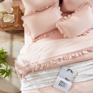 Full Comforter Set 7 Piece, Pink Bed in a Bag with Shams, All Season Ruffle Shabby Chic Bedding Sets with 1 Comforter, 2 Pillow Shams, 2 Pillowcases, 1 Flat Sheet