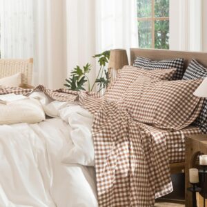 Gingham Sheet Set 100% Washed Cotton Linen Like Textured Breathable Soft w/Fully Elasticized 16-19" Deep Pocket (Classic Gingham Dark Orange, King)