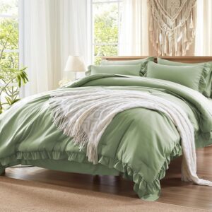 Full Comforter Set 7 Piece, Sage Green Bed in a Bag with Sheets, All Season Ruffle Shabby Chic Bedding Sets with 1 Comforter, 2 Pillow Shams, 2 Pillowcases, 1 Flat Sheet