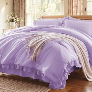 Full Comforter Set 7 Piece, Lavender Bed in a Bag with Sheets, All Season Ruffle Shabby Chic Bedding Sets with 1 Comforter, 2 Pillow Shams, 2 Pillowcases, 1 Flat Sheet, 1 Fitted Sheet