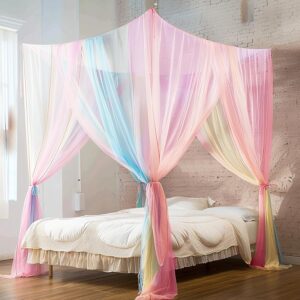 Curtains Bed Canopy Rainbow Mosquito Net for Bed Canopy Four Corner Post Elegant Mosquito Net Set, Stick Hook &Profession Rope for net, Screen Netting Canopy Curtains, Full/Queen/King